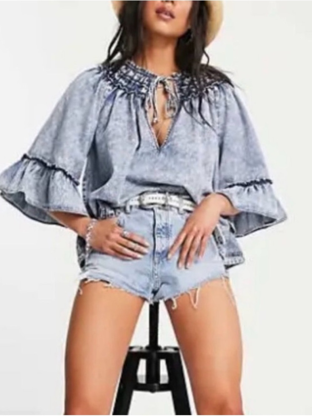 Free People Indigo Wash Ruffle Denim Top
